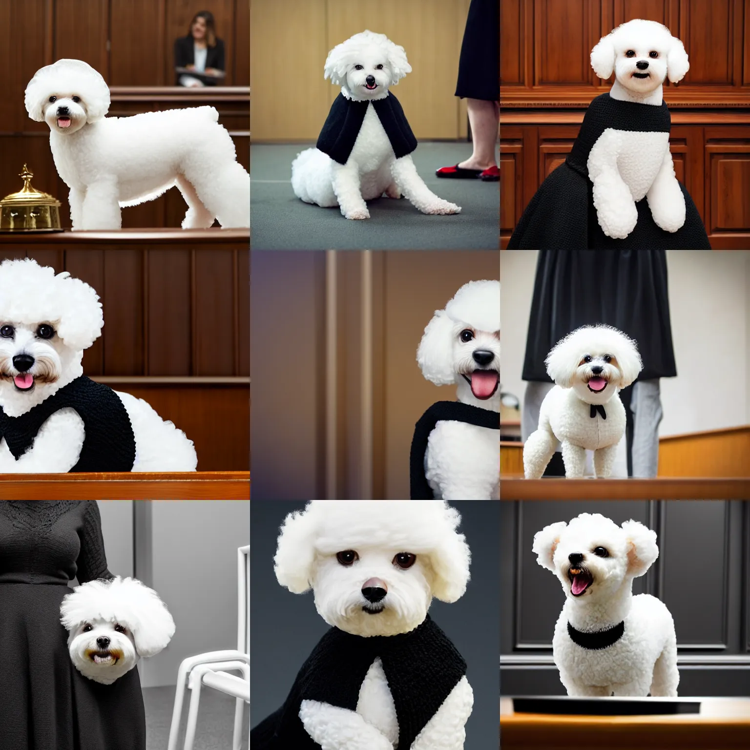 Prompt: a closeup photorealistic photograph of a cute smiling knitted white bichon judge dog dressed in a black gown sentencing a defendant. indoors, professional capture, well lit shot. this 4 k hd image is trending on artstation, featured on behance, well - rendered, extra crisp, features intricate detail, epic composition and the style of unreal engine.