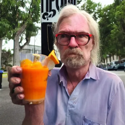 Image similar to hugh hopper on a street corner eating an orange and sipping pepsi