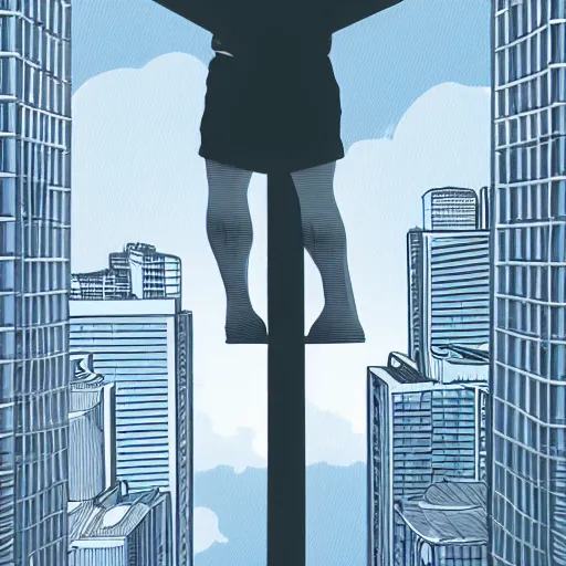 Image similar to a man balancing on a string between 2 buildings, in the style of scanner darkly, cell shaded