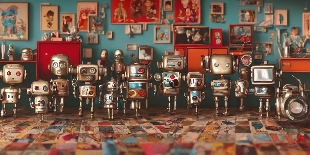 Prompt: closeup portrait of tin toy retro living room of robot family, depth of field, zeiss lens, detailed, centered, fashion photoshoot, by nicoletta ceccoli, mark ryden, lostfish, breathtaking, 8 k resolution, extremely detailed, beautiful, establishing shot, artistic, hyperrealistic, octane render, - h 8 0 4