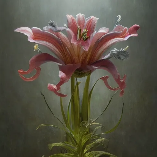 Prompt: a lily | highly detailed oil painting, hyperrealistic, very intrincate | cinematic lighting, award - winning | by rachel ruysch, giger, beksinski and bocklin | by austin osman spare and william blake, trending on artstation, cgsociety, official art, octane.