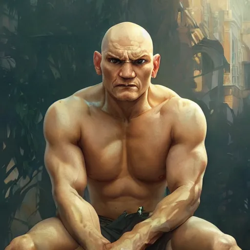 Image similar to anthony carrigan as sagat from street fighter, 4 k, ultra realistic, detailed focused art by artgerm and greg rutkowski and alphonse mucha