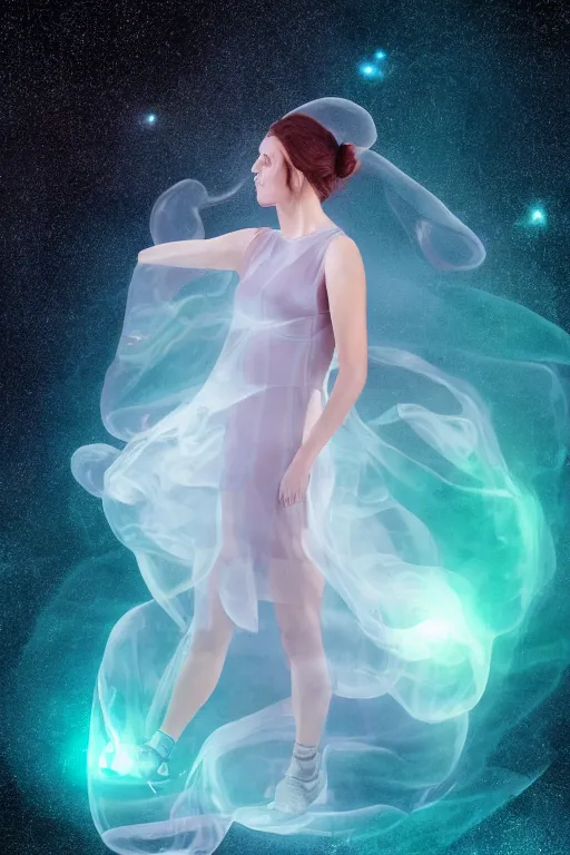 Prompt: a photorealistic full body portrait of a woman wearing a translucent jelly fish dress in space, dynamic lighting, hyper realistic, cinematic, blur, stunning, ray tracing