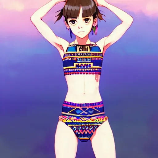 Image similar to a beautiful boyish emma watson alluring instagram model, wearing japanese hiphop aztec leotard outfit with mayan pattern and native style, aztec street fashion bathing suit, botw style, gapmoe yandere grimdark, trending on pixiv fanbox, painted by greg rutkowski makoto shinkai takashi takeuchi studio ghibli, akihiko yoshida