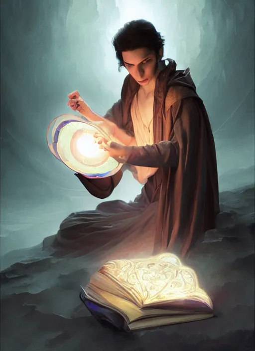 Image similar to character concept portrait of an attractive young Spanish wizard conjuring a death spell, a floating iridescent spell book in the center, intricate, elegant, digital painting, concept art, smooth, sharp focus, illustration, from Metal Gear, by Ruan Jia and Mandy Jurgens and William-Adolphe Bouguereau, Artgerm