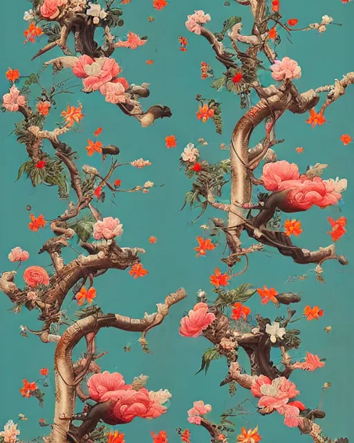 Prompt: Tristan Eaton floral tree wallpaper, chinoiserie pattern, peter mohrbacher, alena aenami