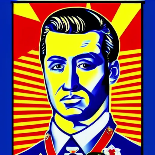 Image similar to handsome male, pop art style, poster style, soviet propaganda, king, monarch, emperor, dictator, ruler of crypto