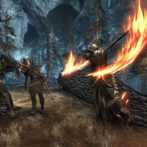 Image similar to skyrim anime, detailed, lighting, dragon fight, fire, mythical, tower