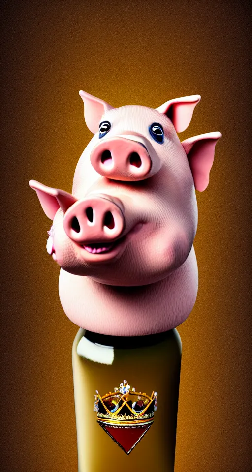 Image similar to smiling pig wearing a crown holding up a bottle of seasoing, hyper realistic, ultra detailed, cinematic, dynamic lighting, photorealistic, refined, intricate, digital art, digital painting, masterpiece, 8k