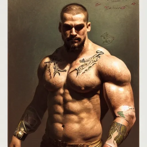 Prompt: handsome portrait of a wrestler guy bodybuilder posing, war hero, wearing singlet, intricate tattoos, radiant light, caustics, by gaston bussiere, bayard wu, greg rutkowski, giger, maxim verehin