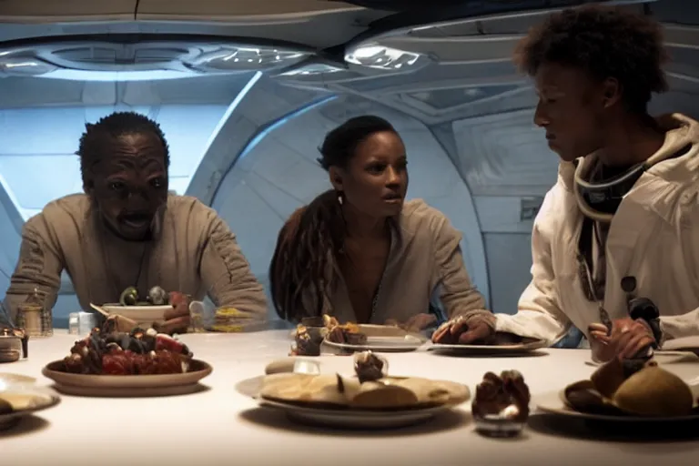 Image similar to movie closeup diverse interracial small team of European sci-fi futuristic space explorers talking at the table in a spaceship kitchen, beautiful skin, Symmetrical faces. Beautiful lighting by Emmanuel Lubezki