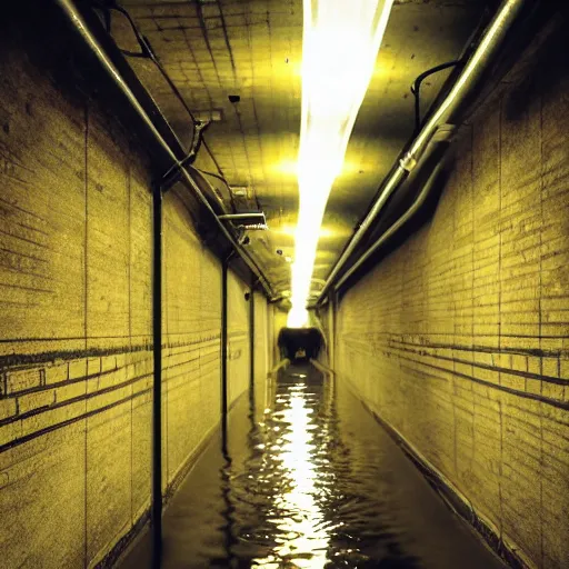 Image similar to dimly lit partially flooded subway tunnel, eerie, creepy, dark, limonal, surreal, neon sign,