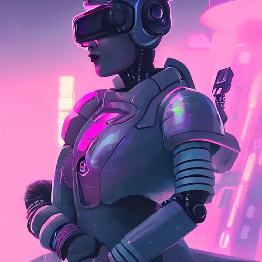 Image similar to cyberpunk concept cool warrior girl bot, galaxy, ufo, space sci - fi, wearing vr goggles, illustration, portrait, pastel neon textured background night, trending on artstation, greg rutkowski, octane rendered, 1 2 k, detailed,