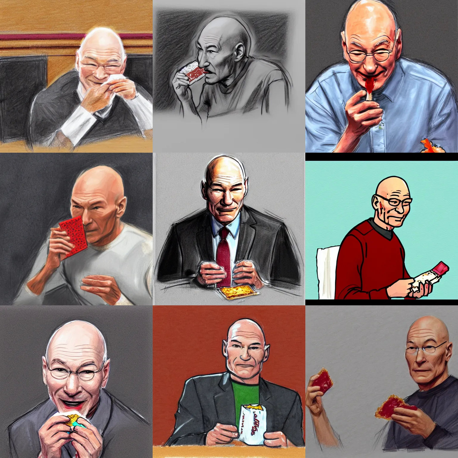Prompt: Patrick Stewart eating a poptart with ketchup filling, court room sketch