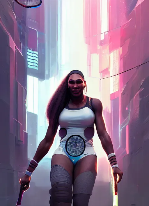 Image similar to highly detailed portrait of cyberpunk serena williams in sci - fi tennis armor, unreal engine, fantasy art by greg rutkowski, loish, rhads, ferdinand knab, makoto shinkai and lois van baarle, ilya kuvshinov, rossdraws, tom bagshaw, global illumination, radiant light, detailed and intricate environment