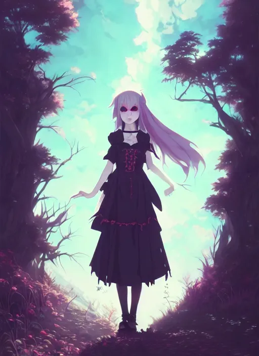 Image similar to portrait of gothic alice from wonderland, cloudy sky background lush landscape illustration concept art anime key visual trending pixiv fanbox by wlop and greg rutkowski and makoto shinkai and studio ghibli