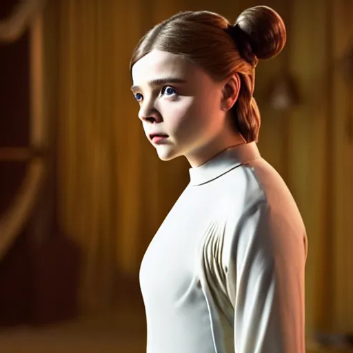 Image similar to Adult Chloe Moretz as Princess Leia, movie scene, XF IQ4, 150MP, 50mm, F1.4, studio lighting, professional, Look at all that detail!, Amazing!, Dolby Vision, UHD