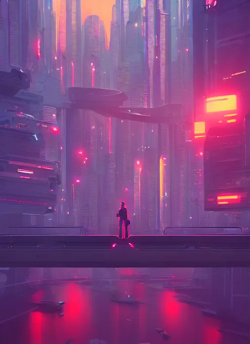 Image similar to a man standing on top of a bridge over a city, cyberpunk art by james gilleard, cgsociety, retrofuturism, synthwave, cityscape, 2 d game art