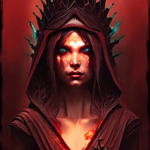 Image similar to lizard priestess, bloody eyes, by greg rutkowski and artgerm, very detailed, sharp focus, magic the gathering, 8 k, intricate, dramatic