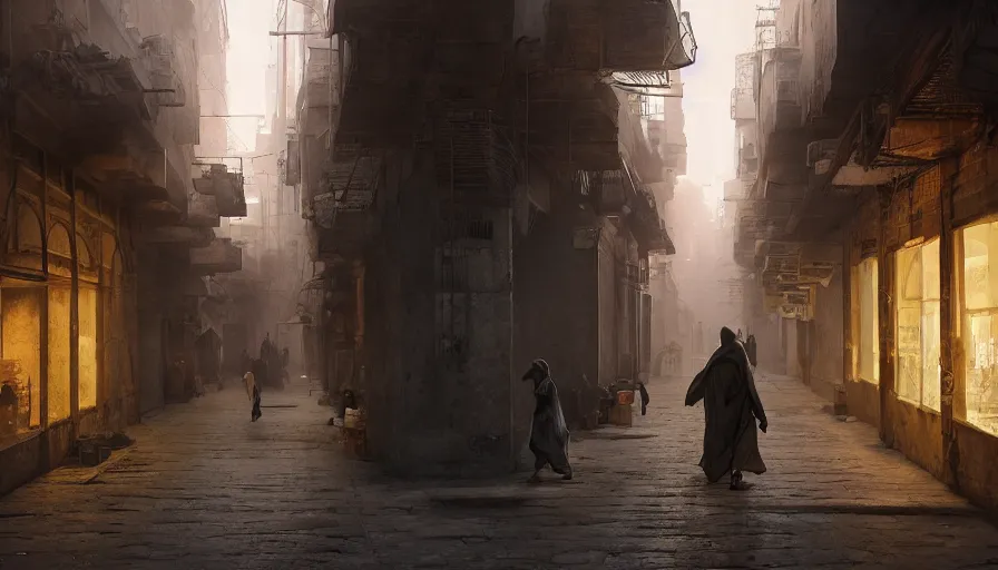 Image similar to old jeddah city alley, roshan, shops, a big magical glowing time portal, a nomad wearing a worn out coat, plants, kids, dramatic lighting sci fi, by caspar david friedrich by beeple and james gilleard and justin gerard, centered, artstation, smooth, sharp focus, photoreal octane render, 3 d, by jean baptiste monge