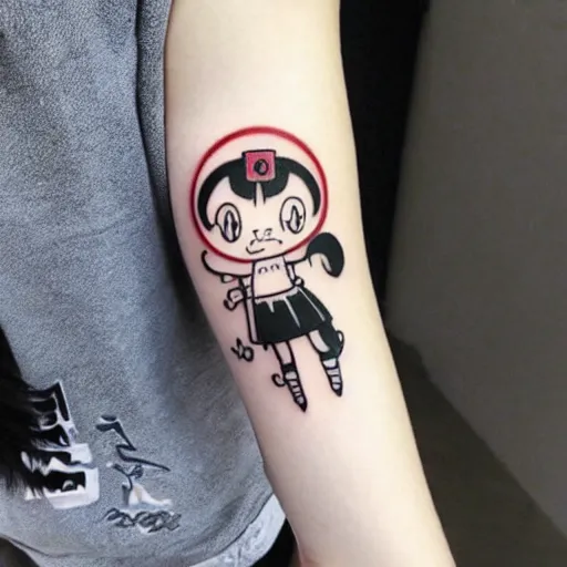 Image similar to anime manga catgirl robotic manga catgirl chibi kawaii by Hayao Miyazaki and Naoko Takeuchi, upper arm tattoo