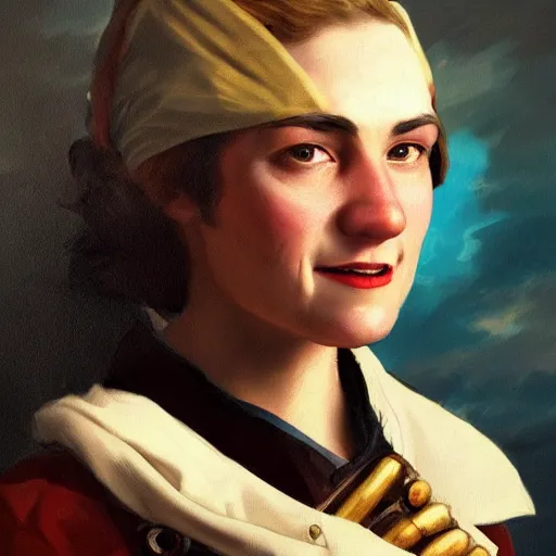 Prompt: smiling, beautiful, intelligent female pirate captain 3 5 years old, 1 9 4 0 s haircut, fully clothed, wise, beautiful, 1 7 5 0 s oil painting, dramatic lighting, trending on artstation, sharp focus