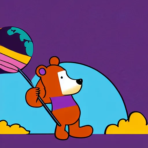 Image similar to cartoon illustration of a bear mascot being launched from a futuristic marble planet, purple and orange cloudland