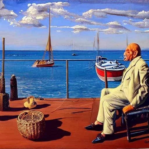 Prompt: painting by salvador dali of a senior caucasian man, sitting on a deck near the harbor, boats and water. it i a beautiful summer day