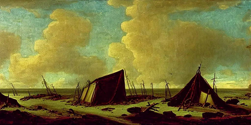 Prompt: remains of an abandoned camp of franklin ’ s lost expedition on an desolate arctic island, romanticist oil painting