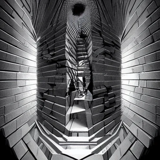 Image similar to tortured soul lost in a Escher maze, trending on artstation, cgsociety, nightmare, labyrinthic, volumetric lighting