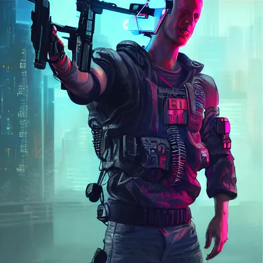 Prompt: cyberpunk young bruce willis holding an alien assault rifle, dynamic pose, front view, neon lights, lens flare, alien technology, glowing lights, front game card, video game, dark, intricate, highly detailed, smooth, artstation, digital illustration by ruan jia and mandy jurgens and artgerm and wayne barlowe