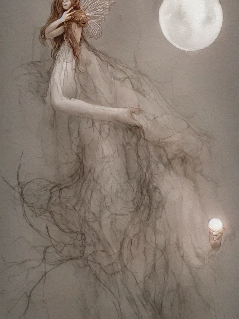 Image similar to study of a flower fairy, holding glowing white orb in hands, illustration, watercolor, alan lee, detailed, pretty, ethereal, realistic, refined, beautiful, artstation,