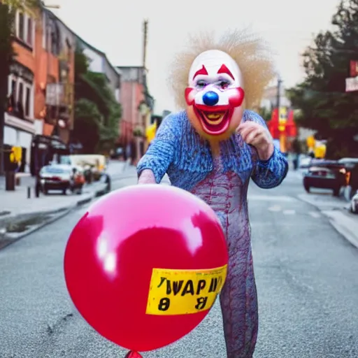 Image similar to disturbing fat clown holding a balloon in the middle of the street at night