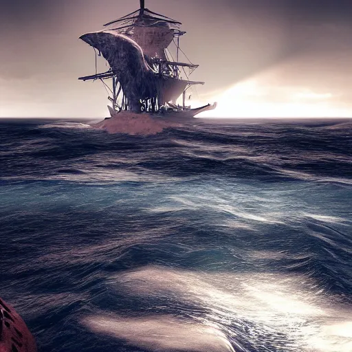 Prompt: a ship sinking in the ocean with poseidon watching, concept art, moody, god rays, atmospheric, 8 k render