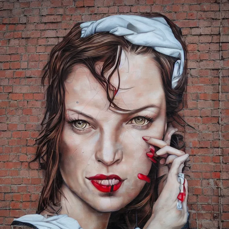 Prompt: Street-art portrait of Milica Bogdanivna Jovovich on the red brick wall in style of Etam Cru, photorealism