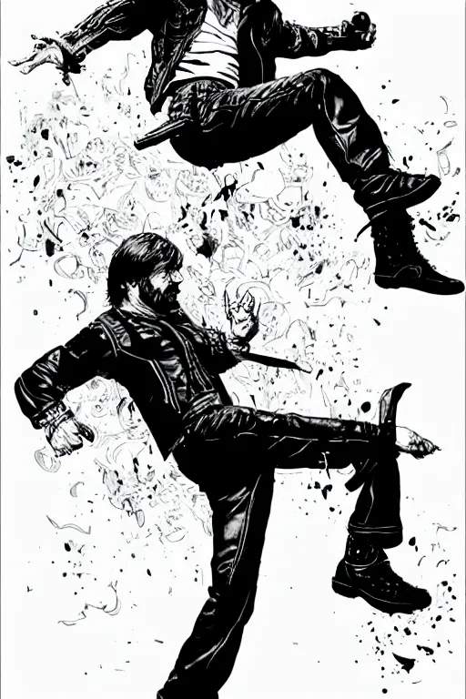 Prompt: chuck norris doing a high kick, a page from cyberpunk 2 0 2 0, style of paolo parente, style of mike jackson, adam smasher, johnny silverhand, 1 9 9 0 s comic book style, white background, ink drawing, black and white, colouring pages