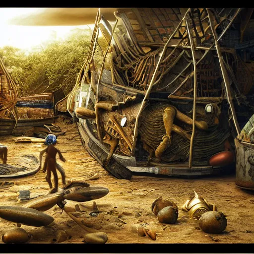 Image similar to alien contact with a mauritian fishing village 1 6 7 6, fineline detail, cinematic quality, high octane, vray render, subsurface scatter, drum scanner intricate complexity, golden ratio, fibanci