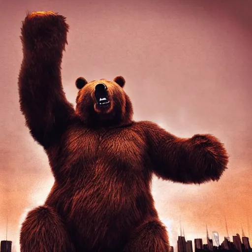 Image similar to a giant angry bear with arms raised attacking the city, photomanipulation, photoshop, digital art