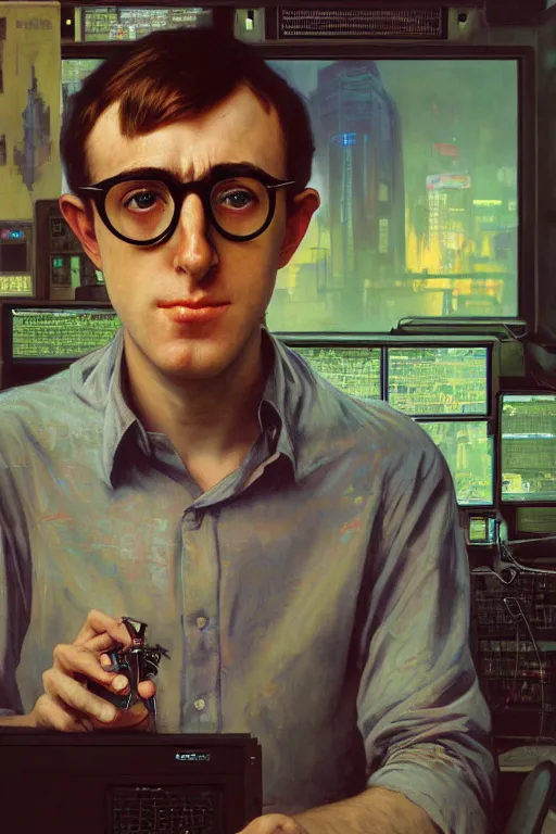 Prompt: hyperrealist cyberpunk portrait of a young ducktail bearded middle eartern woody allen, it is decorated with long computer wires and computer monitors in the cyberpunk office background. by jeremy mann and alphonse mucha, fantasy art, photo realistic, dynamic lighting, artstation, poster, volumetric lighting, very detailed faces, 4 k, award winning