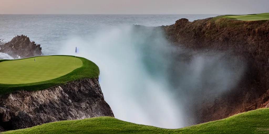 Image similar to a great photograph of the most amazing golf hole in the world complete surrounded by water, huge waves crash against the cliffs, perfect light, ambient light, 5 0 mm, golf digest, top 1 0 0, fog