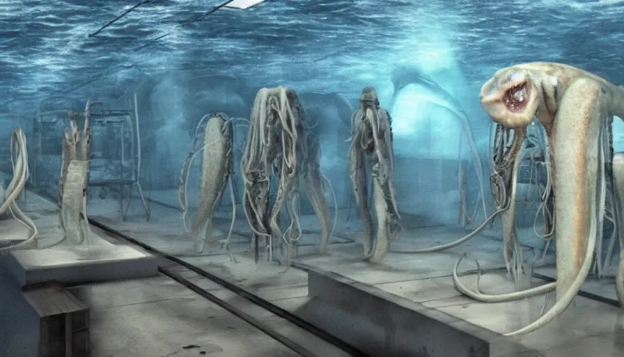 Prompt: Big budget horror movie set in an undersea biolab run by cyborgs, where a giant squid is injected with radioactive serum