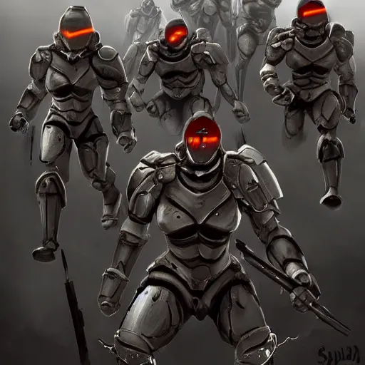 Prompt: Cyborg soldiers marching in battle inspired by Spartan style armor, digital painting trending on artstation, unreal engine, 4KHD, highly detailed, award winning, Sparta!!! Cyborg!!!