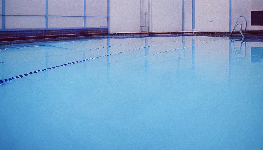 Image similar to 1 9 6 0 s movie still of empty blue tiles swimmingpool, cinestill 8 0 0 t 3 5 mm, high quality, heavy grain, high detail, panoramic, ultra wide lens, cinematic composition, dramatic light, flares, anamorphic