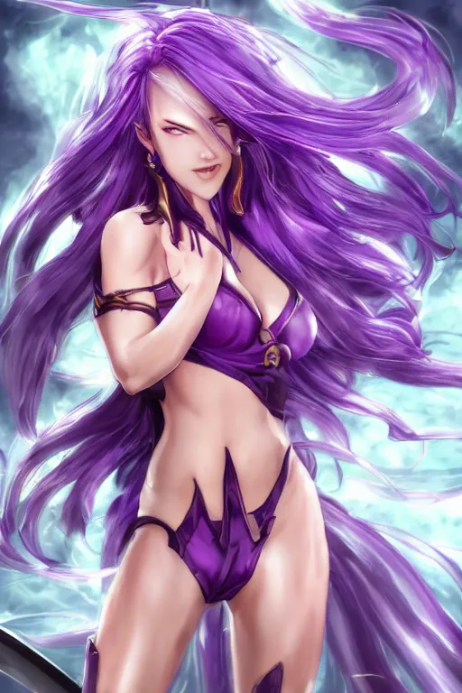 Prompt: a very beautiful mature raiden of genshin impact, full body, long wavy purple hair, purple eyes, full round face, bikini, miniskirt, front view, mid - shot, cute pose, highly detailed, cinematic wallpaper by stanley artgerm lau