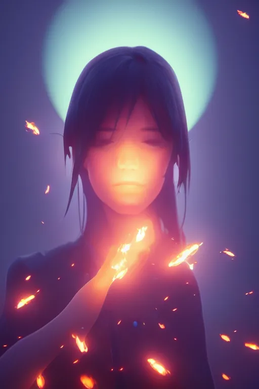 Image similar to 4K hyper detailed portrait of beautiful liminal embers igniting a black background, flying through the sky, sending flickering aesthetic firefly ashes towards viewer by Makoto Shinkai, by Artgerm, by beeple, by Greg Rutkowski, volumetric lighting, octane render, 4K resolution, trending on artstation, masterpiece