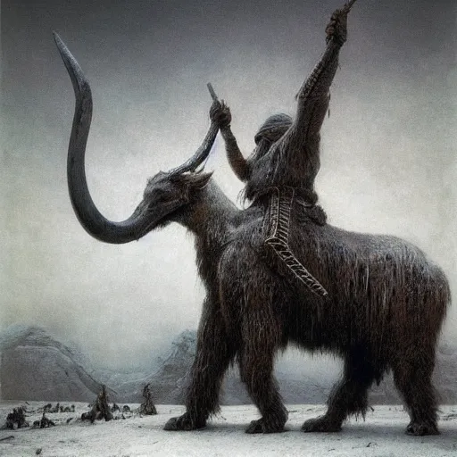 Prompt: ancient norse mammoth rider, wearing norse armor, beksinski