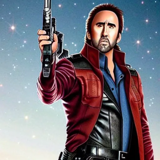 Image similar to Nicolas Cage as Star Lord from Guardians of the Galaxy