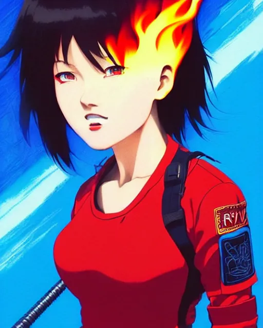 Image similar to female fireman, roaring flames!! | | very very anime!!!, beautiful fine - face, audrey plaza, realistic shaded perfect face, fine details. anime. realistic shaded lighting poster by ilya kuvshinov katsuhiro otomo ghost in the shell, magali villeneuve, artgerm, jeremy lipkin and michael garmash and rob rey