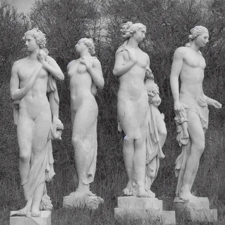 Image similar to marble statues in a field, film photo, soft lighting album cover, nostalgia, gradient