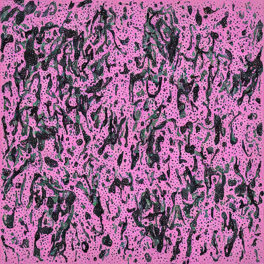 Image similar to camo made of out teeth, smiling, abstract, maya bloch artwork, pink convertible, do hoang tuong artwork, cryptic, dots, stipple, lines, splotch, color tearing, pitch bending, faceless people, dark, ominous, eerie, minimal, points, technical, old painting